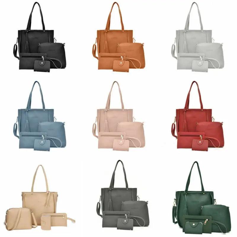 9 Colors 4PCS Women PU Leather Shoulder Bag Set Tote Messenger Purse Bag