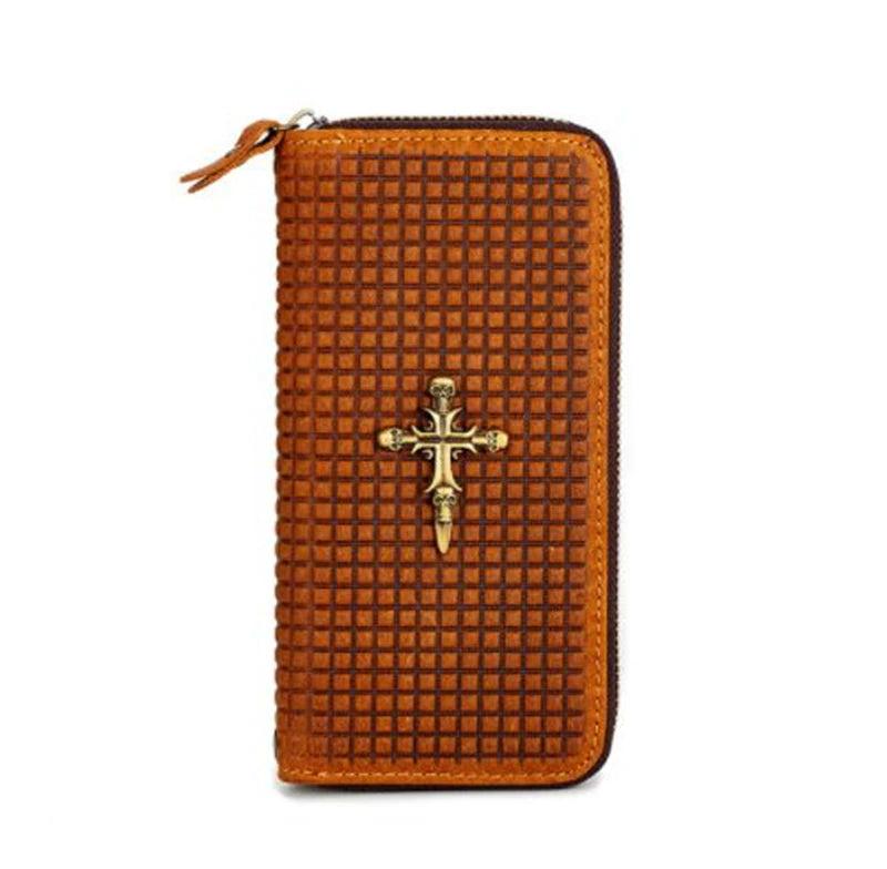 Men Leather Wallets Metal Skull Cross Pattern Purses Vintage Cowhide Money Bag