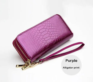 Women's Leather Double Zipper Wallet Varnished Key Case