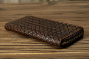 Genuine Leather Weave Wallet Long Zipper Purse Men Women