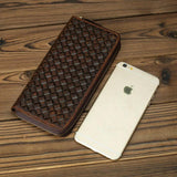 Genuine Leather Weave Wallet Long Zipper Purse Men Women
