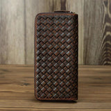 Genuine Leather Weave Wallet Long Zipper Purse Men Women