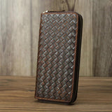Genuine Leather Weave Wallet Long Zipper Purse Men Women