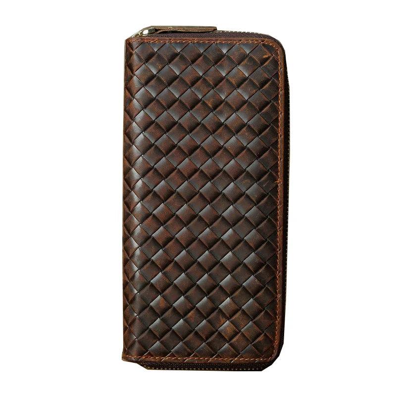 Genuine Leather Weave Wallet Long Zipper Purse Men Women