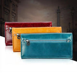 Cowhide Women Clutch Wallet RFID Leather Long Zipper Purse Red