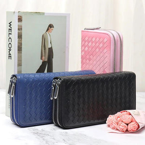 Leather Weave Clutch Bag Long Wallet Lady Cow Leather Women Business Money Bags