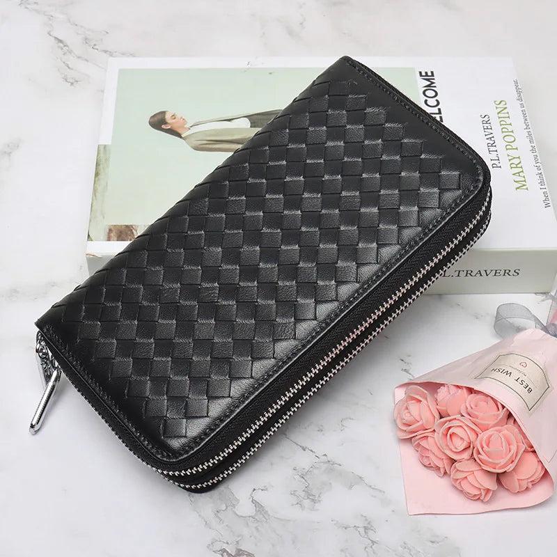 Leather Weave Clutch Bag Long Wallet Lady Cow Leather Women Business Money Bags