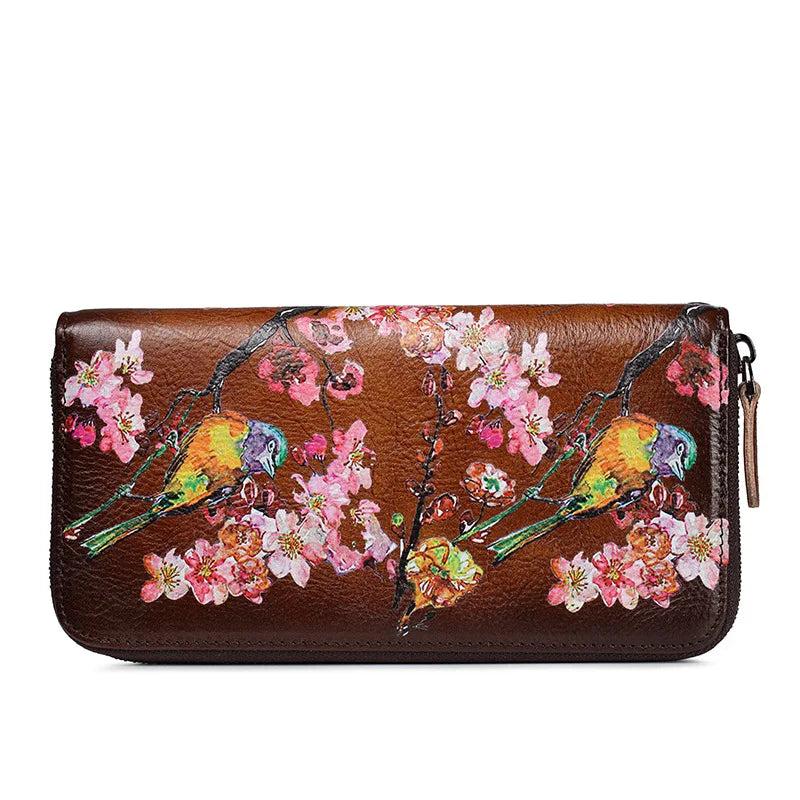 Leather Floral Long Wallet Clutch Purse Real Leather Unisex Wrist Wallets