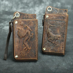 Vintage Crazy Horse Leather Wallets Men Engrave Long Wallet