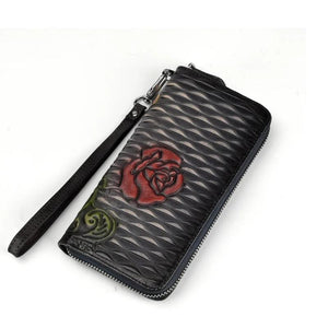 Leather Flower Wallet Long Purse Men Women