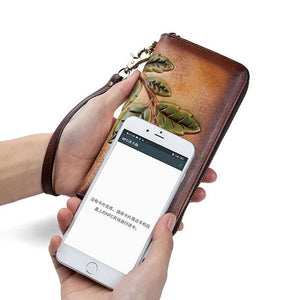 Embossed Vintage Leather Wallet Ladies Clutch Bag Zipper Bag