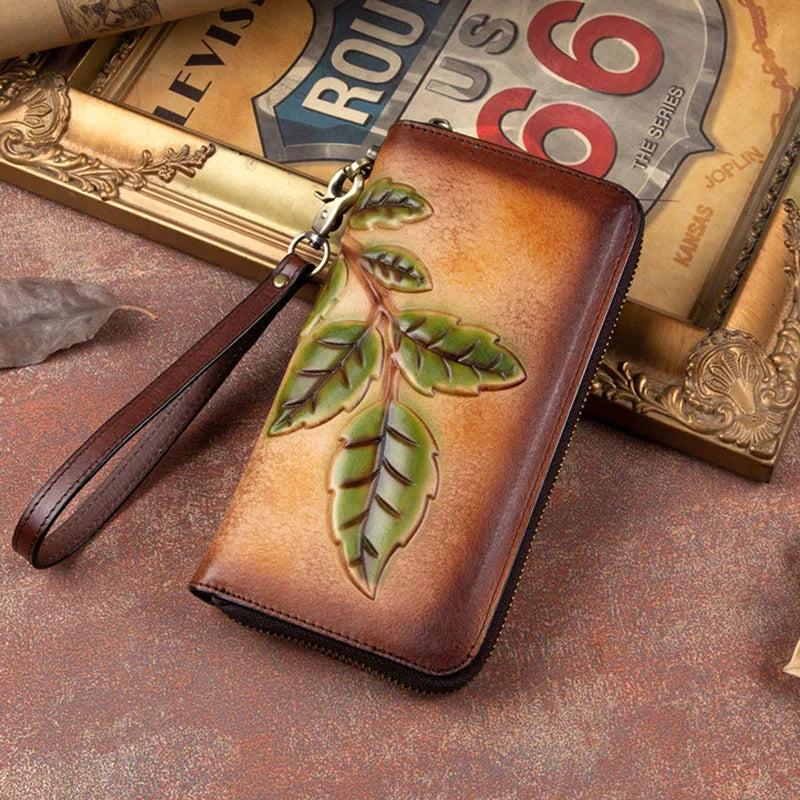 Embossed Vintage Leather Wallet Ladies Clutch Bag Zipper Bag