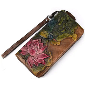 Floral Painting Leather Women's Wallet Large Capacity Clutch Cowhide Wallet