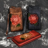 Long Leather Flower Clutch Wallets for Men Women