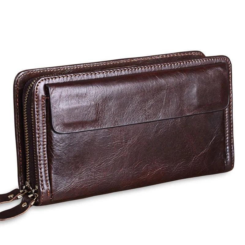 Men Clutch Bag Long Wallet Leather Double Zipper Business Purse
