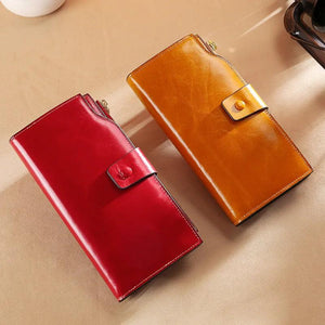 Soft Leather Anti-Theft Women's Wallet Long Oil Wax Leather Mobile Phone Grab Ba