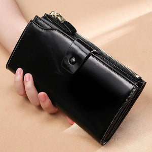 Soft Leather Anti-Theft Women's Wallet Long Oil Wax Leather Mobile Phone Grab Ba