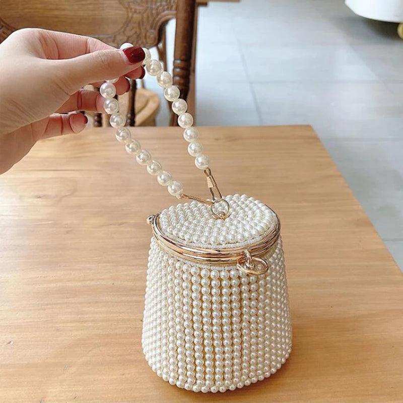 Mini Pearls Bucket Evening Bag Beading Wedding Bridal Clutch Purse