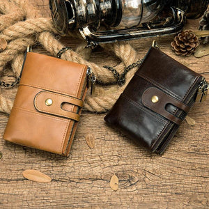 BISONDENIM Men's RFID Leather Wallet with Double Zipper Short Multi-card Slot