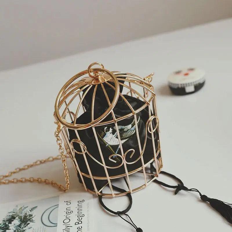 Women's Birdcage Evening Bag Metal Frame Embroidery Bucket Clutch