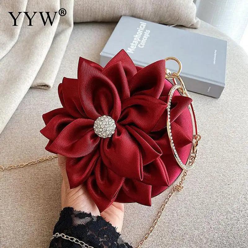 Red Flower Clutch Purse Crystal Diamond Wedding Silk Handbag