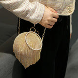 Sliver Diamonds Rhinestone Evening Bag Round Ball Clutch Mini Tassels Handbag