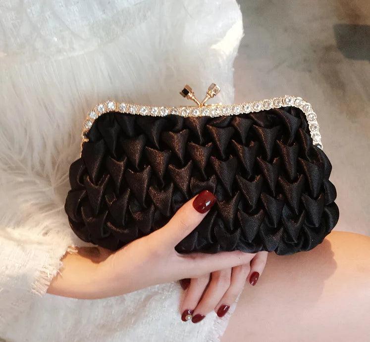 Ruched Clutches Rhinestone Frame Satin Evening Bag