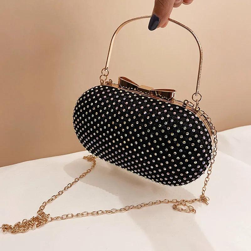 Silver Rhinestones Women Evening Bag Chain Shoulder Clutch Purse Egg Shape