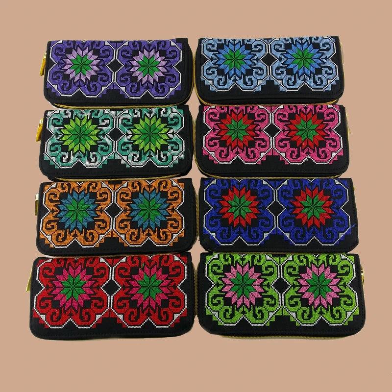 Retro Zipper Wallets Women Embroidered Flower Purse Cross Wallet