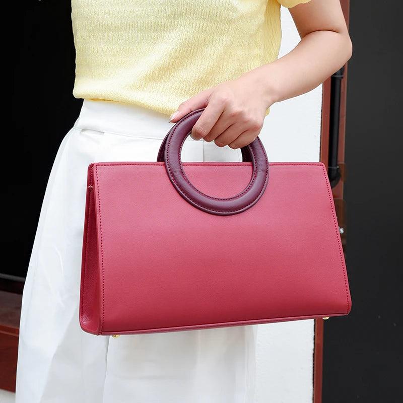 Red Circular Handle Ladies Tote Bag Shoulder Bag