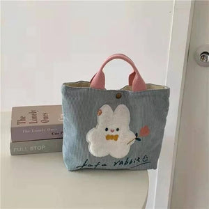 Girls Rabbit Handheld Sail Bag Corduroy Embroidery Handbag Shoulder Bag