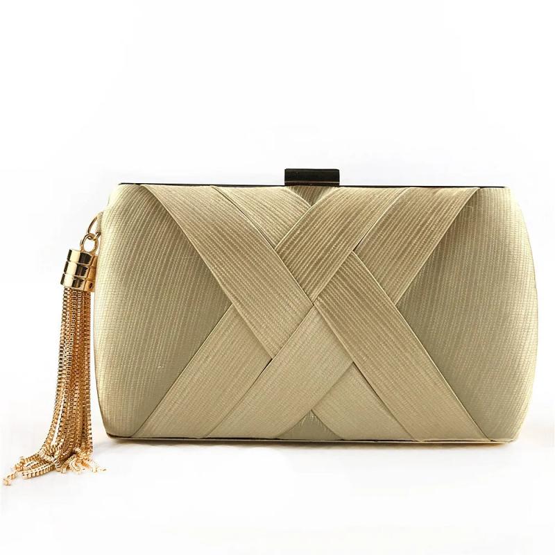 Satin Criss Cross Clutch Bag for Women Evening Party Tassel Chain Handbag