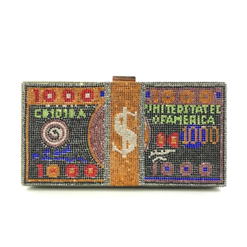 Rhinestone Money Clutch Purse for Women, 10000 Dollars Cash Stack Evening Bag