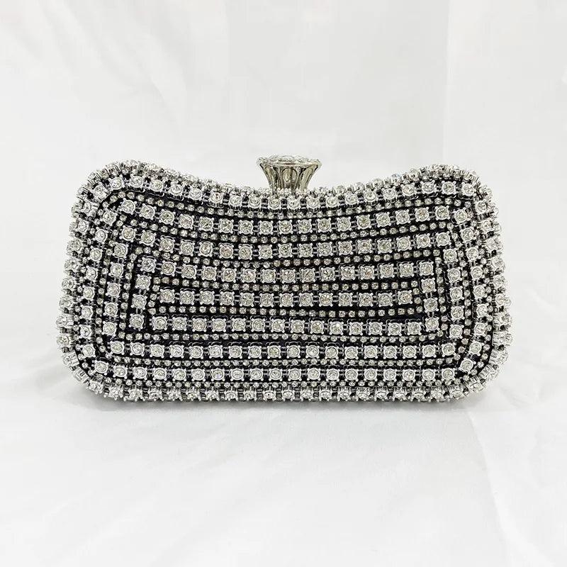 Diamond-Studded Clutch Bag for Wedding Party, Metal Handle Women's Dinner Bag