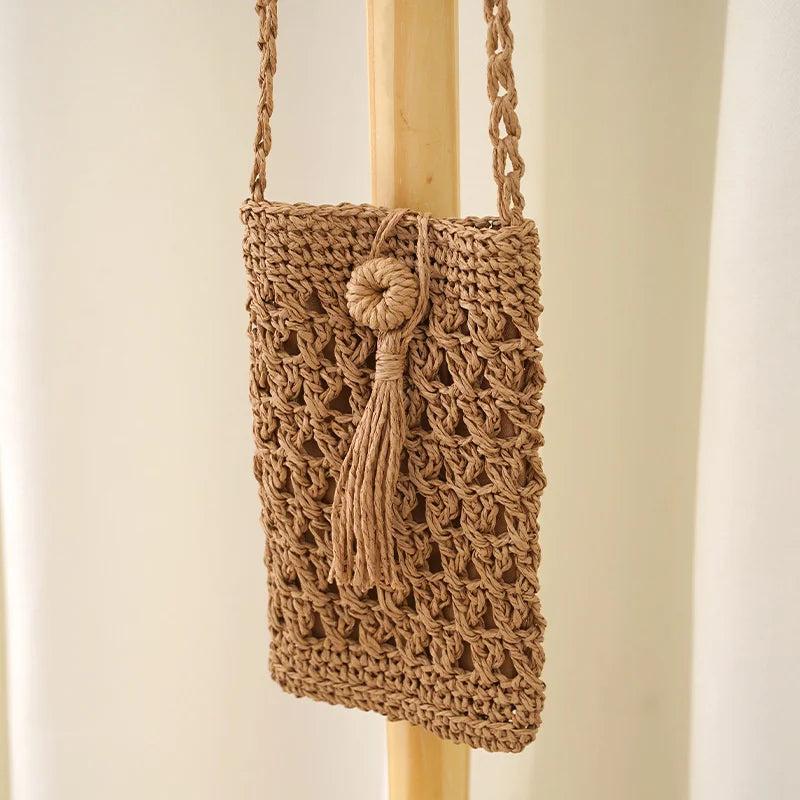 Vintage Straw Tassel Crossbody Bag for Beach, Summer Mini Phone Bag