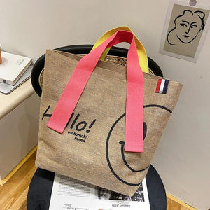 Cotton & Linen Printed Tote Bag, Large Capacity, Casual Shopping Purse