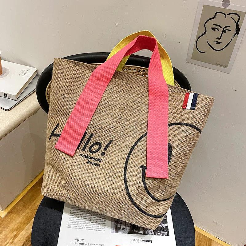 Cotton & Linen Printed Tote Bag, Large Capacity, Casual Shopping Purse