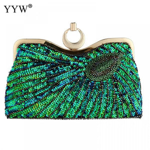 Vintage Peacock Pattern Sequins Beaded Bridal Clutch