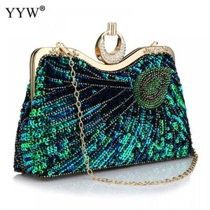 Vintage Peacock Pattern Sequins Beaded Bridal Clutch