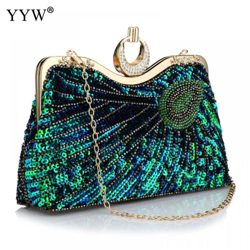 Vintage Peacock Pattern Sequins Beaded Bridal Clutch