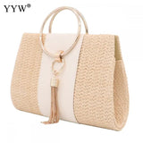 Yellow Straw Women Evening Clutches PU Leather Tassel Weave Envelope Purse