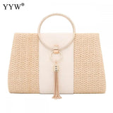 Yellow Straw Women Evening Clutches PU Leather Tassel Weave Envelope Purse