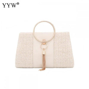 Yellow Straw Women Evening Clutches PU Leather Tassel Weave Envelope Purse