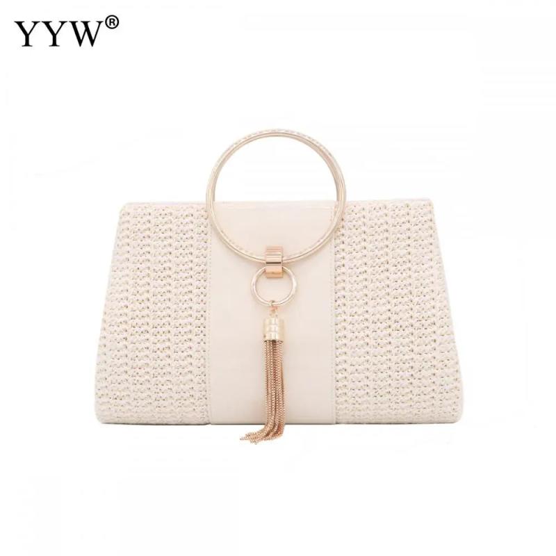 Yellow Straw Women Evening Clutches PU Leather Tassel Weave Envelope Purse