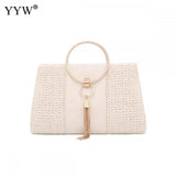 Yellow Straw Women Evening Clutches PU Leather Tassel Weave Envelope Purse