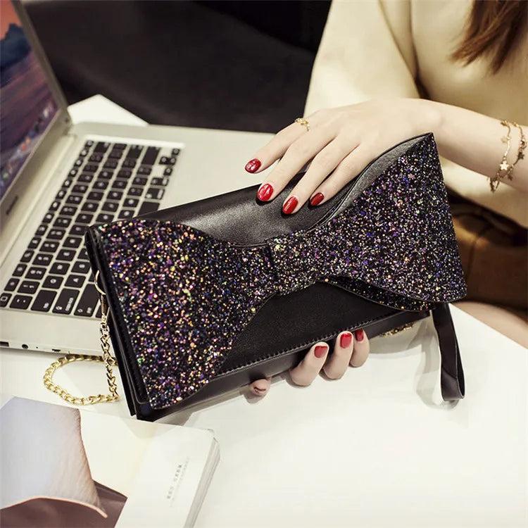 Sparkling Bow Women Clutch Evening Bag Chain Messenger Purse