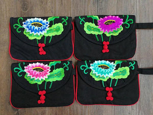 Lotus Pattern Canvas Wristlet Clutch Bag