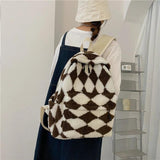 Soft Plush Backpack Girls School Shoulder Bag Diamond Lattice Rucksack