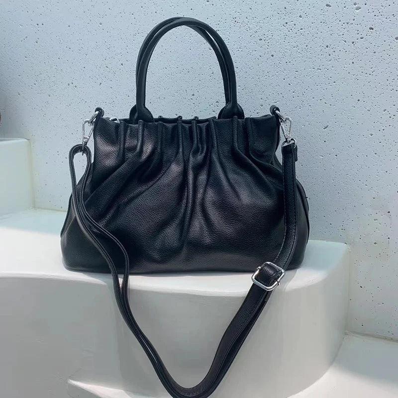 Women Pleated Bucket Handbag Casual Shoulder Messenger Bag