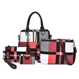 4PCS Women's Bag Set PU Leather Grid Print Handbag Shoulder Wal